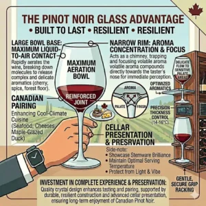 A simple graphic of crystal Pinot Noir glasses being safely washed, emphasizing durable stemware for busy Canadian households.