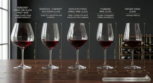 Illustration showing how the wide bowl of syrah shiraz wine glasses allows optimal aeration and oxygenation to unlock complex berry and pepper flavours.