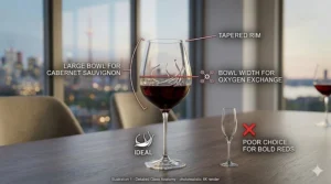 An illustration diagramming the anatomy of a Bordeaux glass, explaining how the wide bowl and rim shape enhance glasses for Cabernet Sauvignon.
