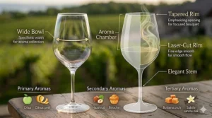 A clean vector diagram highlighting the wide bowl and tapered rim of classic chardonnay wine glasses, explaining how the design enhances white wine aromas.