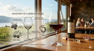 Technical illustration detailing the anatomy of Merlot wine glasses, highlighting the wide rim and generous bowl that aerates the wine, alongside detailed drawings of plum, cherry, and cedar aroma profiles common in Canadian Merlot.