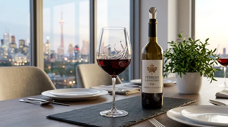 A long-stemmed crystal glass filled with Cabernet Sauvignon wine on a modern Canadian dinner table setting, showcasing the perfect glass shape for aeration.