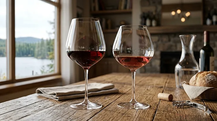 A side-by-side comparison showcasing the Bordeaux vs Burgundy glass difference on a rustic wooden table in a Canadian lakeside cottage, highlighting the distinct bowl shapes filled with red wine.
