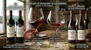 Dimension chart comparing the physical height, rim width, and volume capacity of a standard Bordeaux glass versus a Burgundy glass.