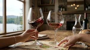 Diagram of a Bordeaux wine glass highlighting the tall bowl and tapered rim designed to direct full-bodied red wines to the back of the mouth.