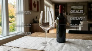 Detailed diagram of a Bordeaux wine glass showing the wide bowl, tall stem, and laser-cut rim for optimal aeration.
