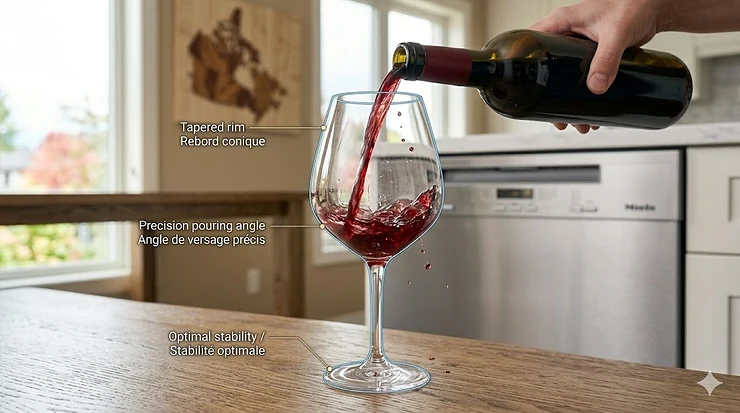 Scientific illustration showing how the wide bowl of Bordeaux wine glasses enhances the bouquet of full-bodied red wines.