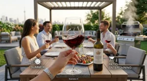 An outdoor summer illustration of a Canadian patio BBQ featuring guests holding high-quality glasses for Cabernet Sauvignon.