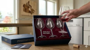 Illustration of Bordeaux wine glasses in a cozy Canadian cabin setting by a fireplace, emphasizing comfort and quality.