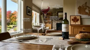 Photorealistic illustration of a social gathering in Canada featuring elegant Bordeaux wine glasses and a warm interior atmosphere.