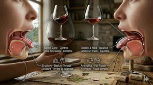 Graphic guide pairing Canadian VQA red wines from Ontario and BC with the correct Bordeaux or Burgundy glass style (verre à vin).