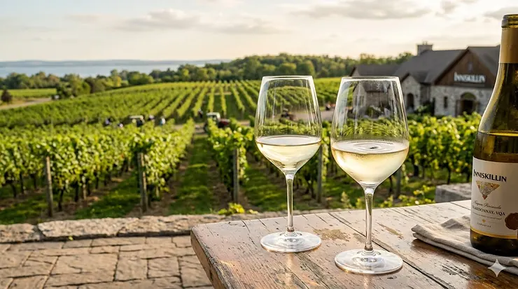Two elegant crystal chardonnay wine glasses filled with crisp white wine overlooking a sunny vineyard in the Niagara-on-the-Lake region of Ontario, Canada.