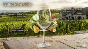 Stylized drawing of chardonnay wine glasses surrounded by visual tasting notes of crisp green apple, pear, and subtle vanilla oak.