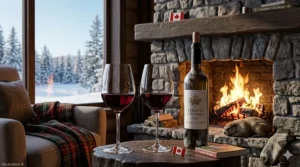Illustration of a cozy winter evening in Canada with two elegant glasses for Cabernet Sauvignon resting by a fireplace.