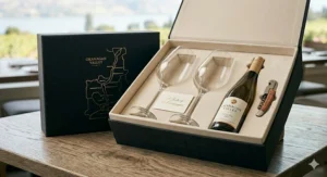 Elegant boxed gift set of four Riesling wine glasses, perfect for a wedding or housewarming gift in Canada.