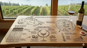 A detailed photorealistic close-up focusing on a crystal Merlot wine glass. Inscribed on the wood table below are instructions for the optimal serving temperature (16-18°C) and illustrated notes on the varietal's signature velvety texture.