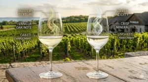 Minimalist graphic illustration comparing a wide-bowled oaked chardonnay glass with a narrower unoaked chardonnay wine glass.