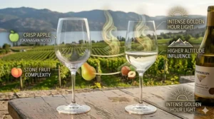 Artistic illustration of a patio table featuring chardonnay wine glasses with the scenic mountains and lakes of the Okanagan Valley, BC in the background.