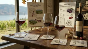 An educational diagram illustrating the chemical and molecular interactions between Canadian Merlot wine and the specific surface dynamics inside crystal Merlot wine glasses, showing how glass shape aids the release of primary odor compounds.