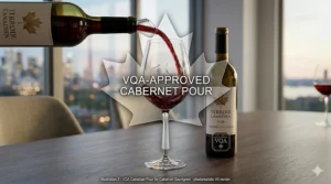 Graphic illustration of a Canadian VQA red wine pouring smoothly into premium glasses for Cabernet Sauvignon.