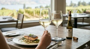 Fine Riesling wine glass beside a gourmet Canadian salmon meal, enhancing flavor profiles.