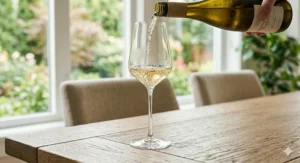 Pouring chilled white wine into a crystal Riesling glass for tasting on a patio.