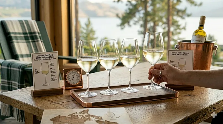 Anatomie d'un verre pour Sauvignon Blanc avec des détails techniques en anglais et français, illustrant la forme conique idéale pour concentrer les arômes dans un contexte de vignoble canadien. glasses for sauvignon blanc