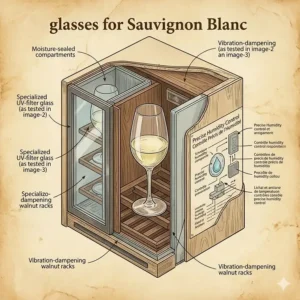 Scène photoréaliste montrant une dégustation de vin avec des verres pour Sauvignon Blanc sur un plateau en bois dans un chalet canadien avec vue sur l'Okanagan.