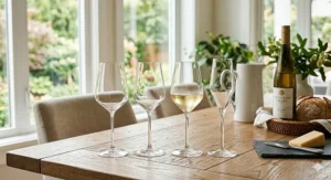 Set of four high-quality Riesling wine glasses arranged on a rustic wooden table.