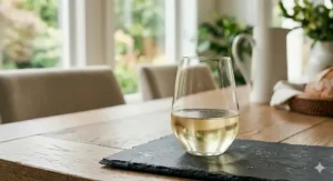 Modern stemless Riesling wine glass on a countertop, perfect for casual Canadian hosting.