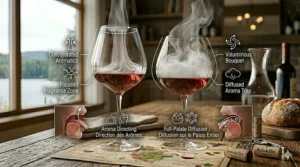 Home bar storage layout displaying proper spacing for hanging or standing Bordeaux and Burgundy wine glasses safely.