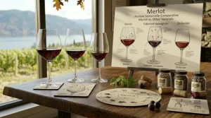 A complex infographic featuring a detailed dégustation grid (bilingual French/English text). The illustration provides visual scales and drawings rating Canadian Merlot on Tannin, Acidity, Body, and Primary Fruit Characteristics, set next to a tasting flight of glasses.