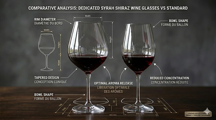 Graphic diagram comparing the structural shape of syrah shiraz wine glasses to standard red wine glasses, highlighting the tapered rim designed to balance aromas.