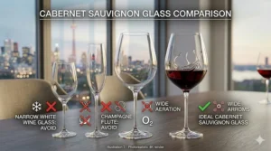 A comparison illustration showing different wine glass shapes, highlighting the ideal large bowl required for Cabernet Sauvignon vs white wine glasses.