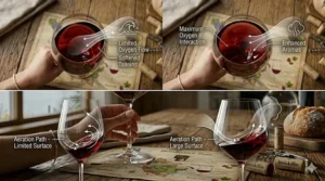 Illustration detailing how the Bordeaux vs Burgundy glass difference directs wine flow to specific taste zones on the tongue to balance tannins and acidity.
