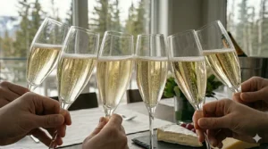 Champagne flutes set on a formal dining table. / Flûtes à champagne disposées sur une table