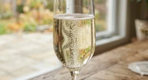 Close-up of carbonation rising in a narrow champagne flute. / Gros plan sur la carbonatation montant dans une flûte à champagne étroite.