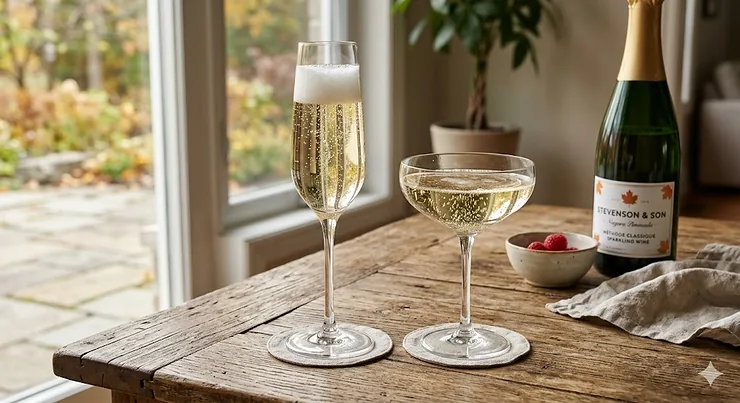Side-by-side comparison of a tall champagne flute and a vintage coupe glass. / Comparaison côte à côte d'une flûte à champagne élancée et d'une coupe vintage. champagne flute vs coupe