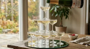 Festive champagne tower built with vintage coupe glasses. / Tour à champagne festive construite avec des coupes vintage.