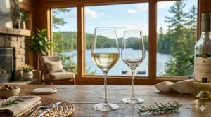 Pair of clear pinot grigio wine glasses on a white surface.