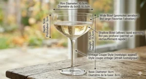 Diagram highlighting the wide bowl of a coupe glass. / Diagramme mettant en évidence le bol large d'une coupe à champagne.