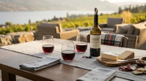 Two people sharing wine in a cozy Canadian living room