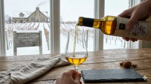 Golden Canadian icewine being poured into a chilled specialty glass.