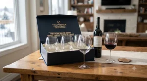 Hand-blown crystal red wine glasses for a sophisticated dinner.