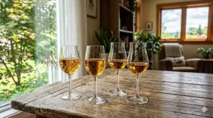 Set of crystal sherry glasses on a wooden table. Ensemble de verres à xérès en cristal sur une table en bois.
