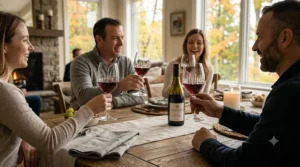 Friends enjoying wine using high-quality crystal wine glasses. / Amis dégustant du vin avec des verres à vin en cristal de haute qualité.
