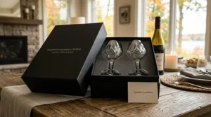 Crystal wine glasses gift set in premium Canadian packaging. / Ensemble cadeau de verres à vin en cristal dans un emballage de qualité supérieure.