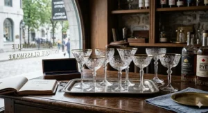 Set of 4 vintage etched crystal coupe glasses with floral detail / Ensemble de 4 coupes à champagne vintage en cristal gravé avec détails floraux.