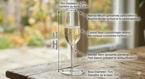 Diagram showing the tall, conical shape of a champagne flute. / Diagramme illustrant la forme conique et élancée d'une flûte à champagne.