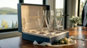 Luxury lead-free crystal champagne glasses in a gift-ready box.